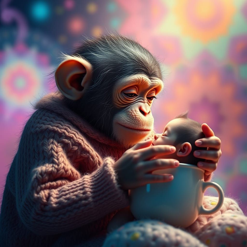 Chimp's Affectionate Gaze at Baby Cup