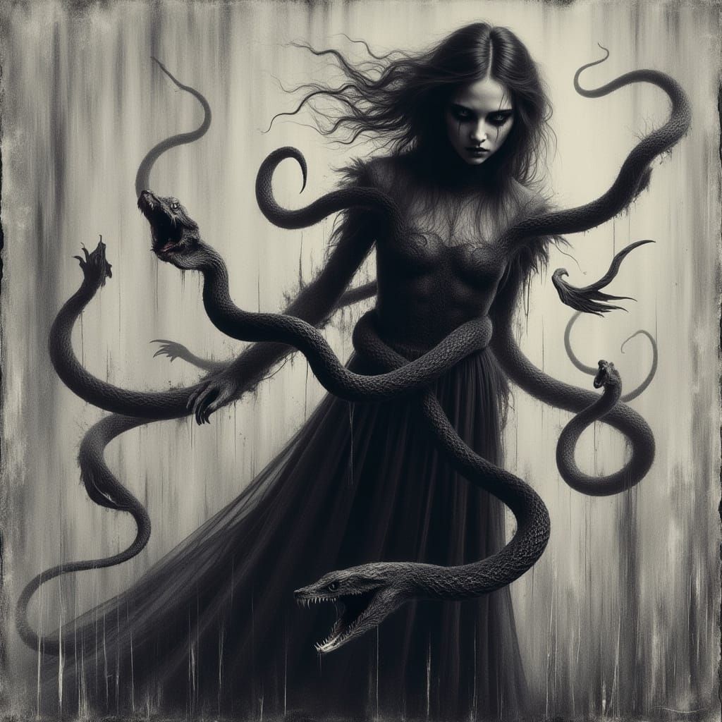 Frightened Girl Surrounded by Snakes, in Pencil Drawing Styl...