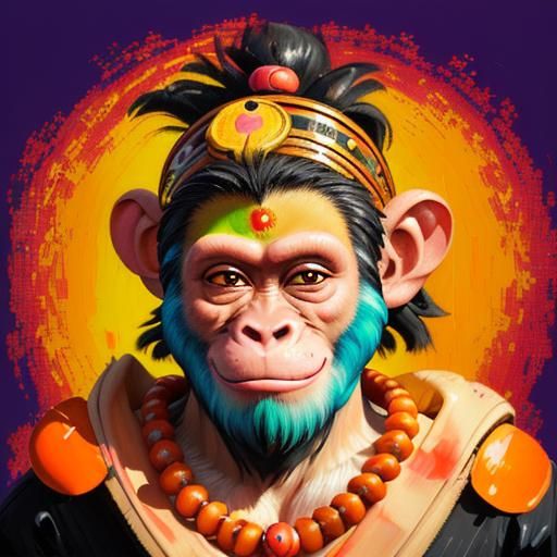 Chibi Hanuman Portrait in Synthwave Expressionist Style