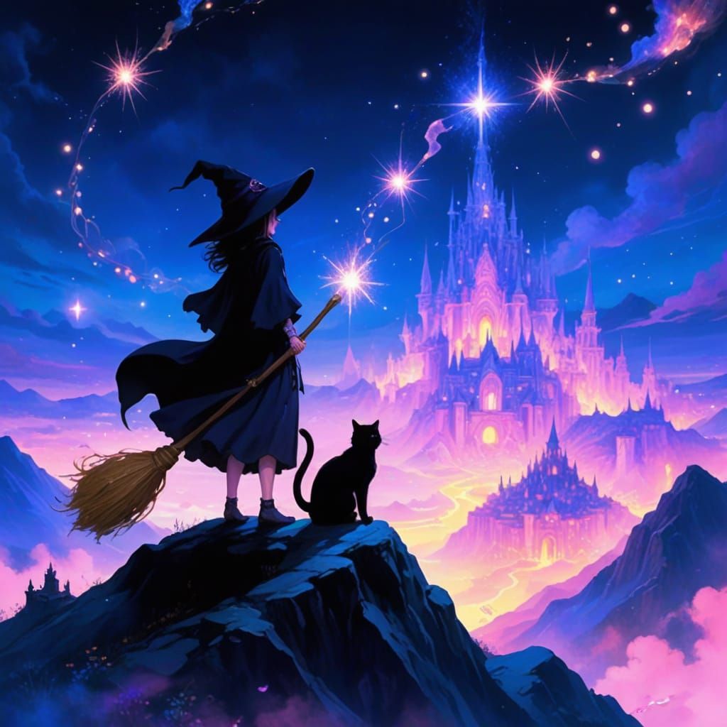 Mystical Witch and Cat Over Enchanted City