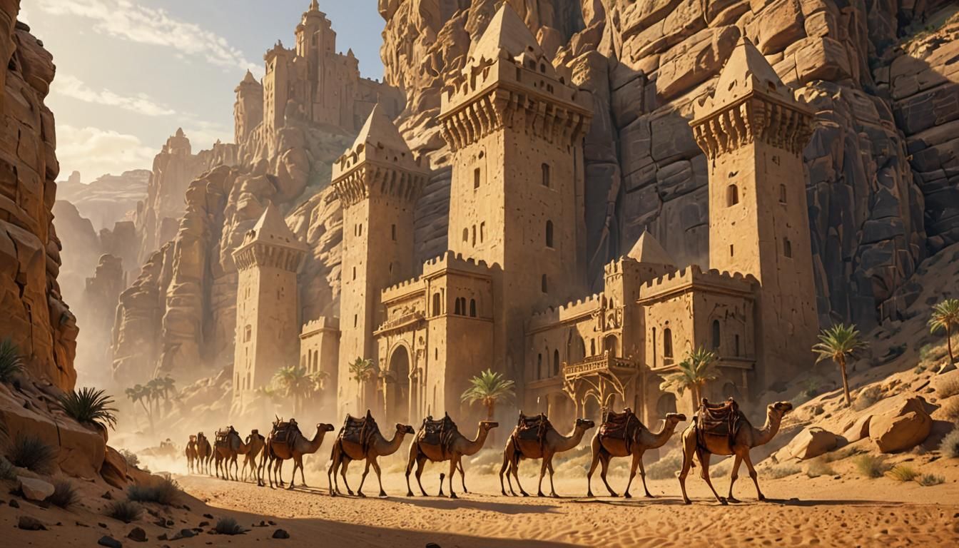 Camel Train Passes Art Nouveau Castle in Desert Oasis