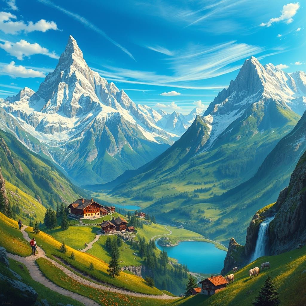 Breathtaking Swiss Alps Panorama with Chalets and Waterfalls