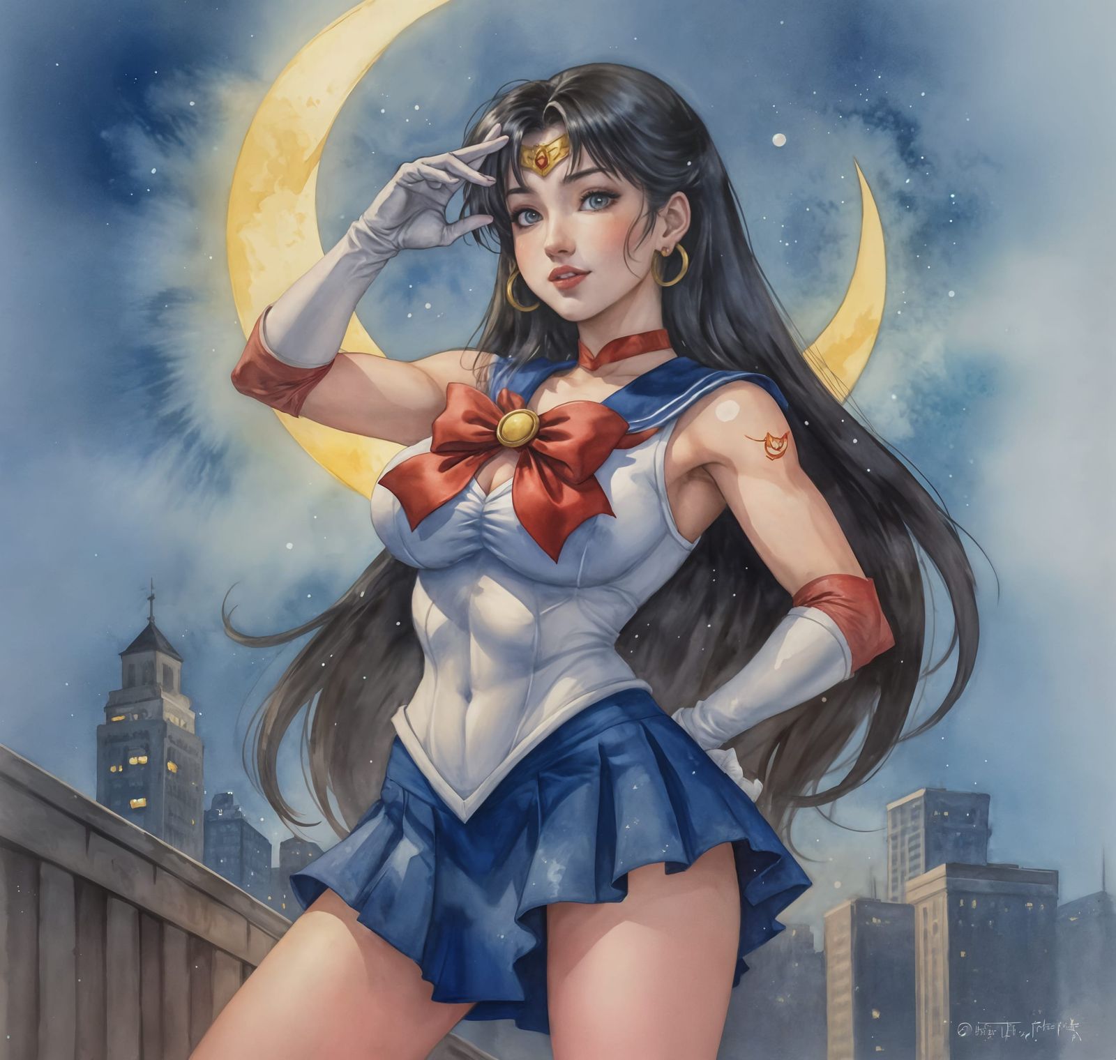 Tifa as Sailor Moon in Watercolor Style