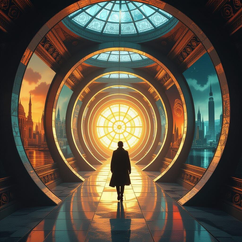 Spiraling Corridor with Historical Scenes in Digital Art