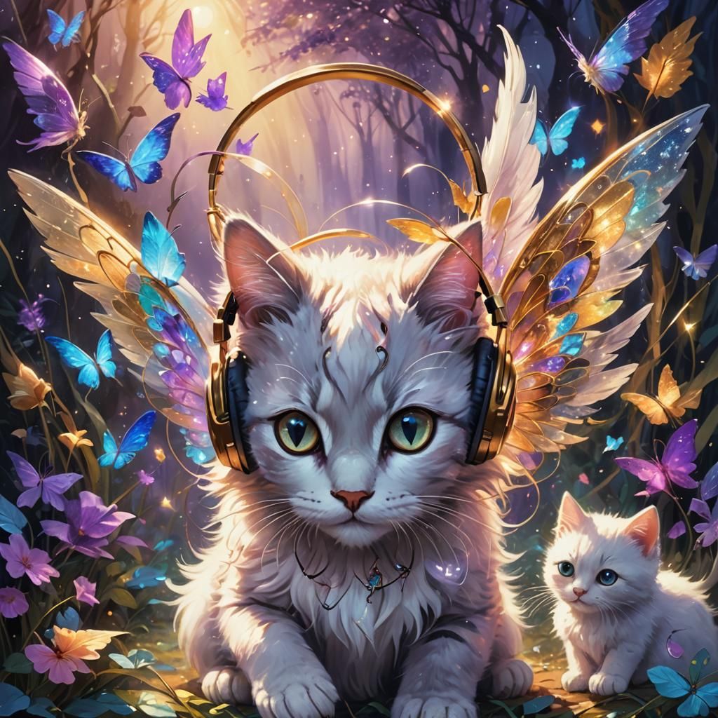 Kitty with Sparkling Headphones in Dreamlike Fantasy Art