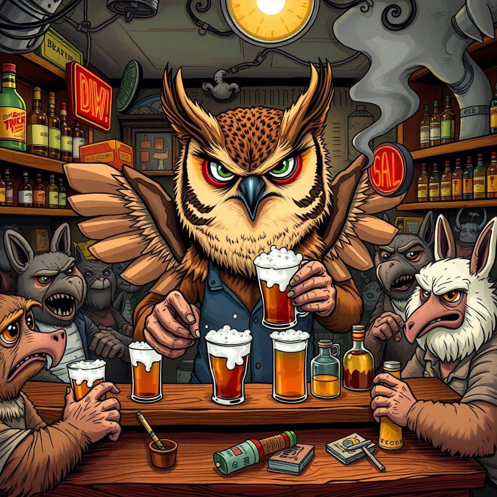 Grumpy Owl Bartender in a Chaotic Dive Bar Comic Style