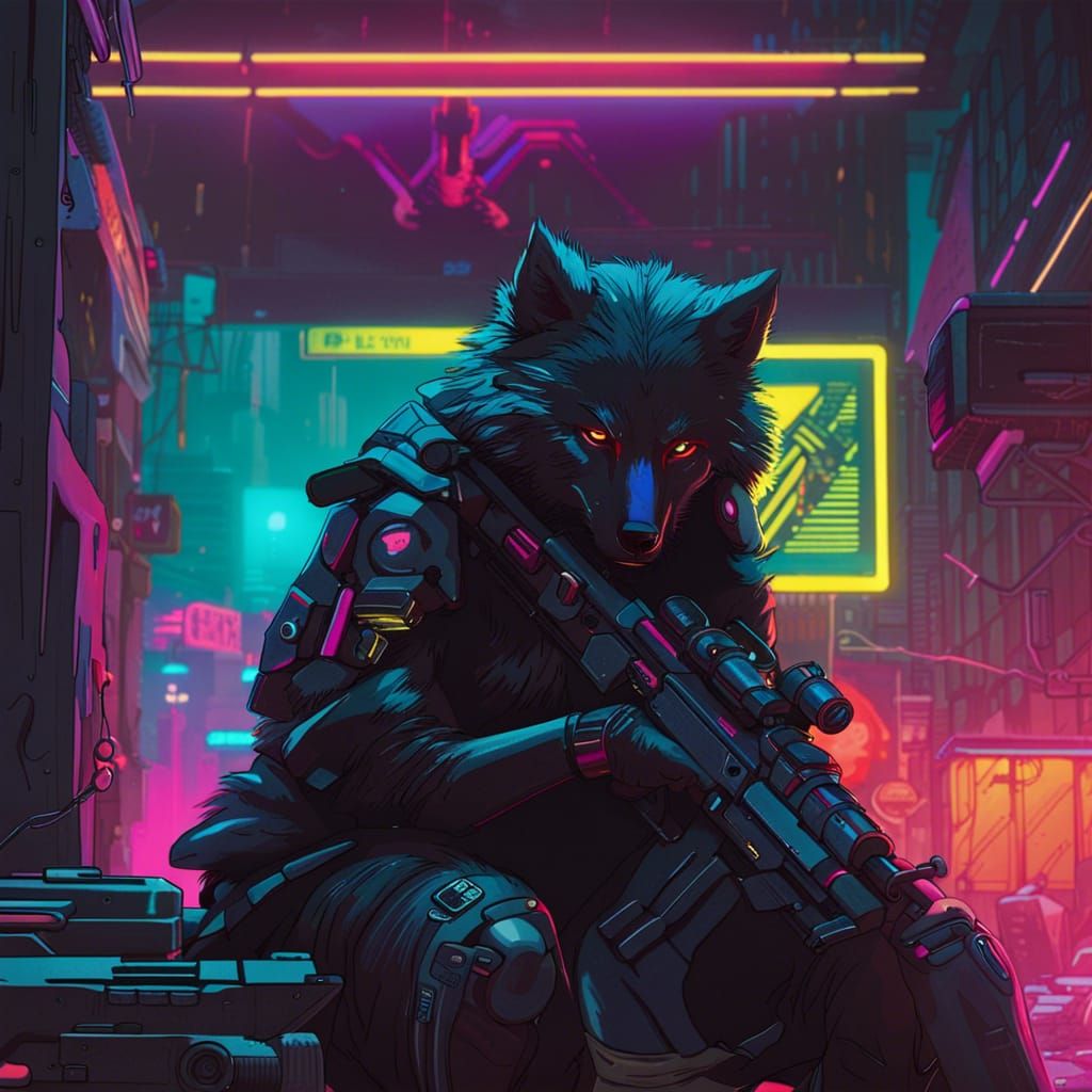 Cyberpunk Wolf: Black Wolf Repairs Sniper Rifle