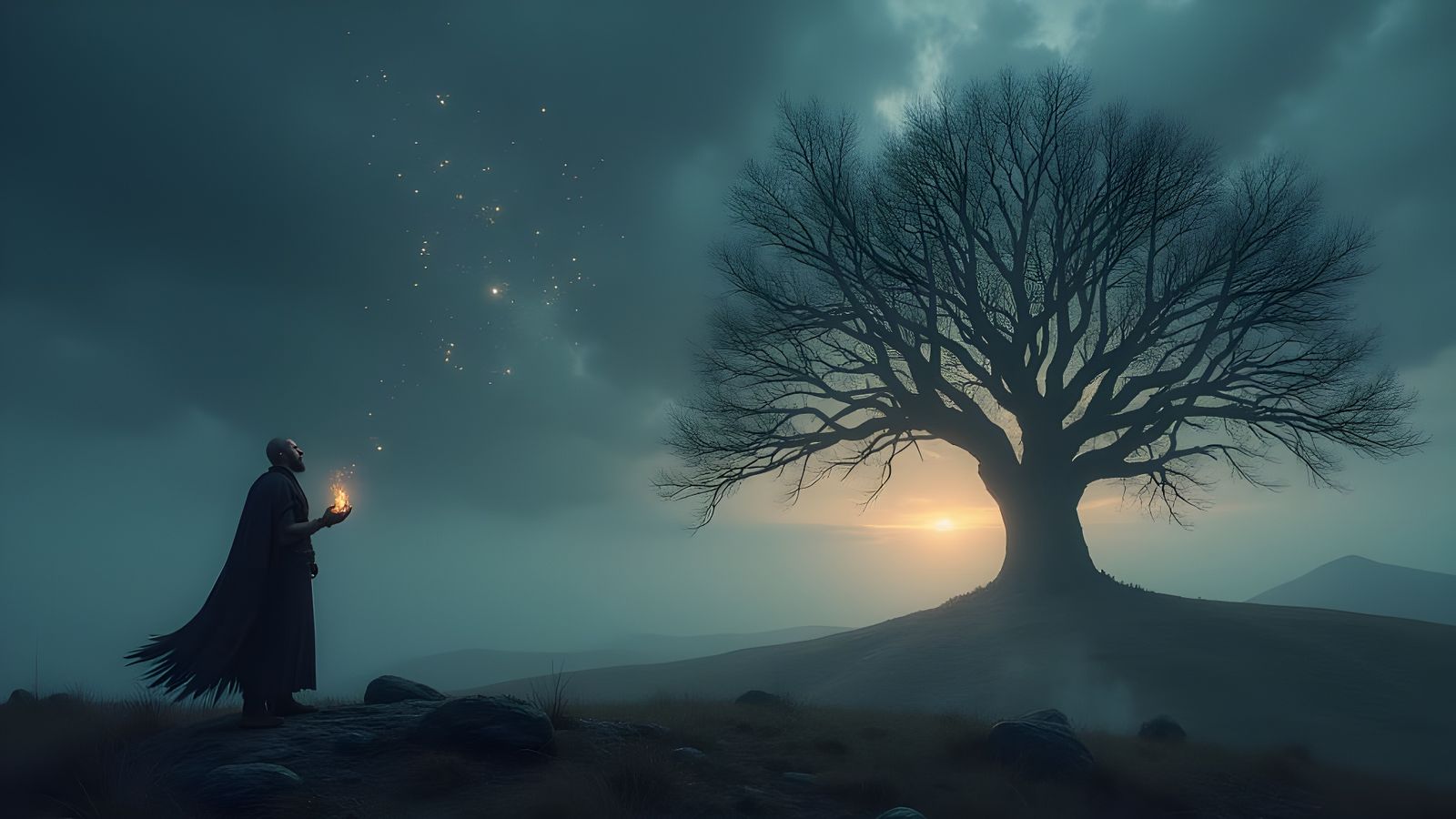 Nordic Warrior Stands Resolute Under Starry Twilight Sky