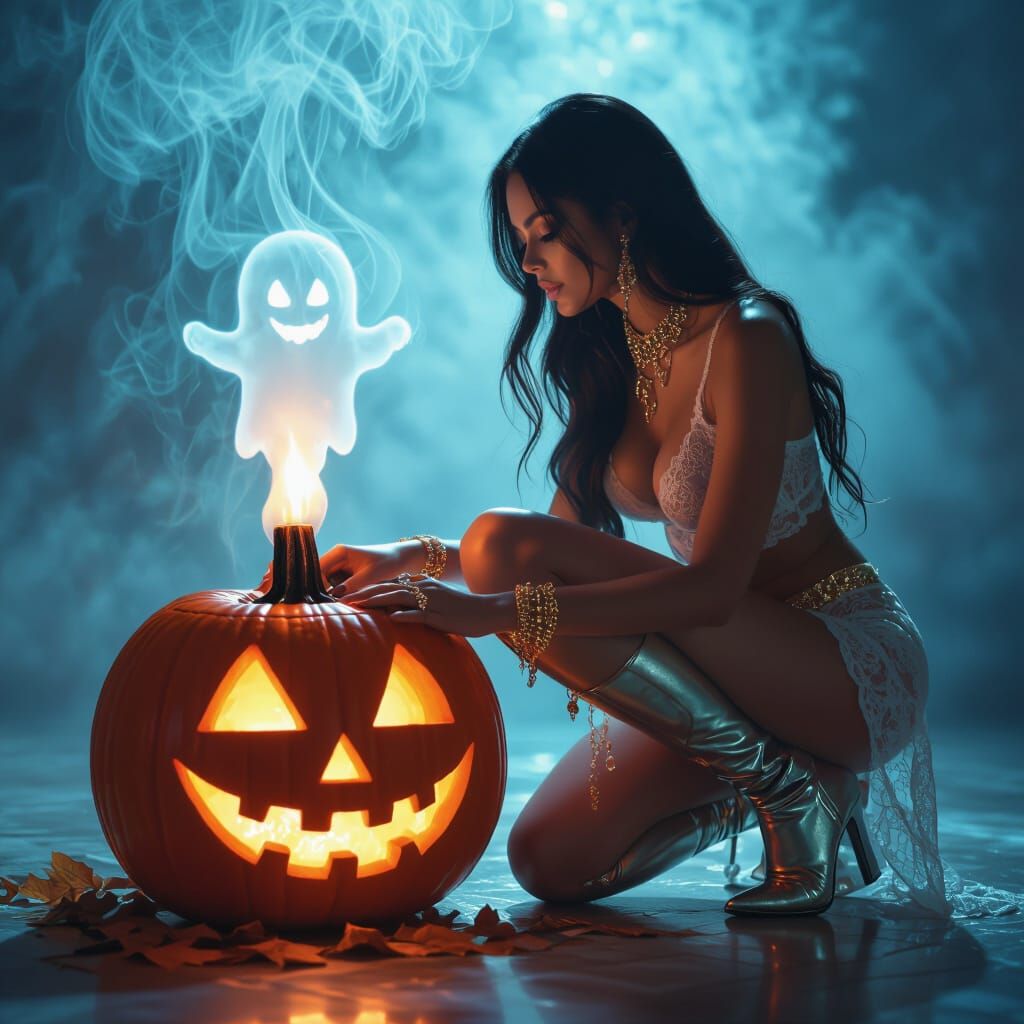 Young Woman Caressing Glowing Halloween Pumpkin in Mystical ...