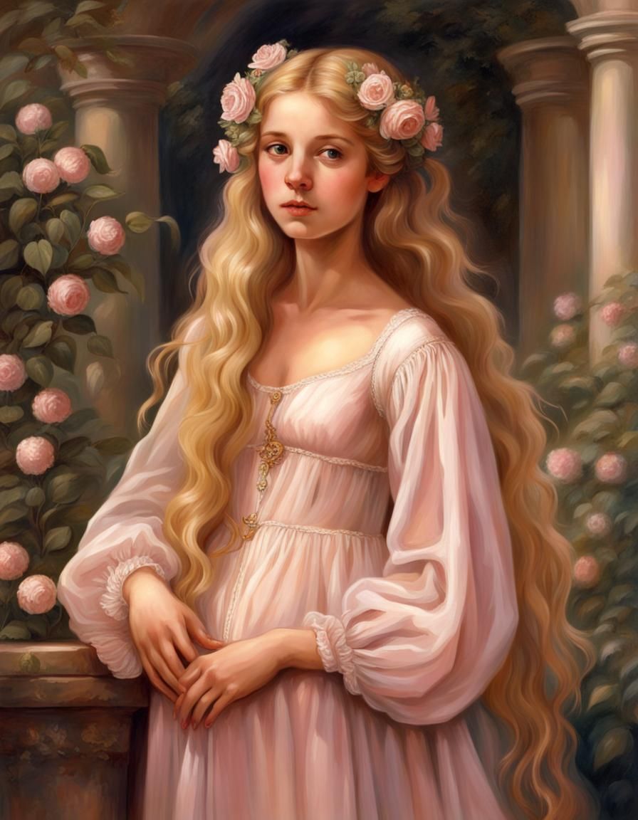Renaissance Girl with Golden Hair in Garden