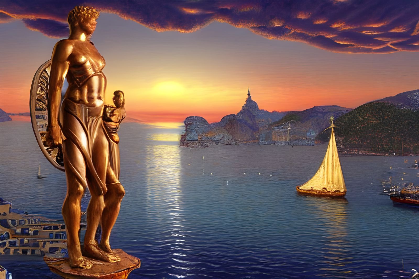 Colossus of Rhodes: Gigantic Warrior Sculpture at Sunset