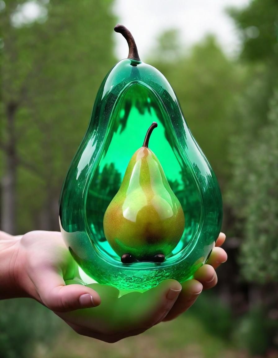 Magical Green Glass Pear In Pear Offered To Viewer