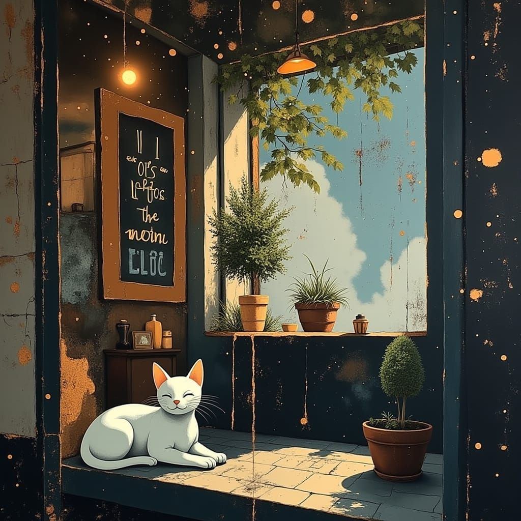 Surreal Gato in Rainy Day Café Scene in Cosmic Illustration ...