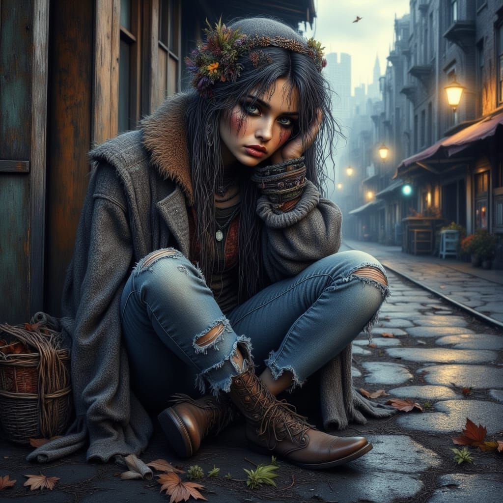 A Young Woman's Despair in the Rainy City Night