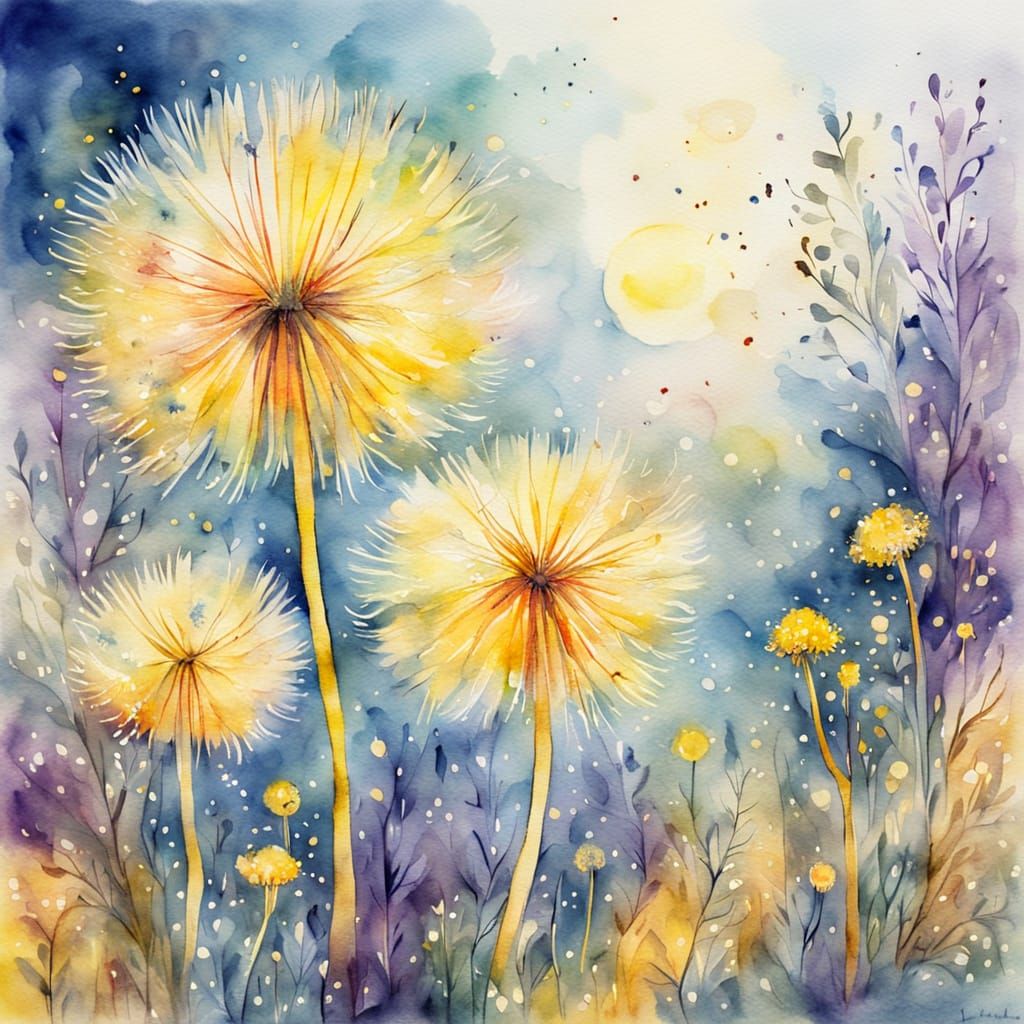 Magic Giant Dandelion in Gnome Land, Watercolor Art
