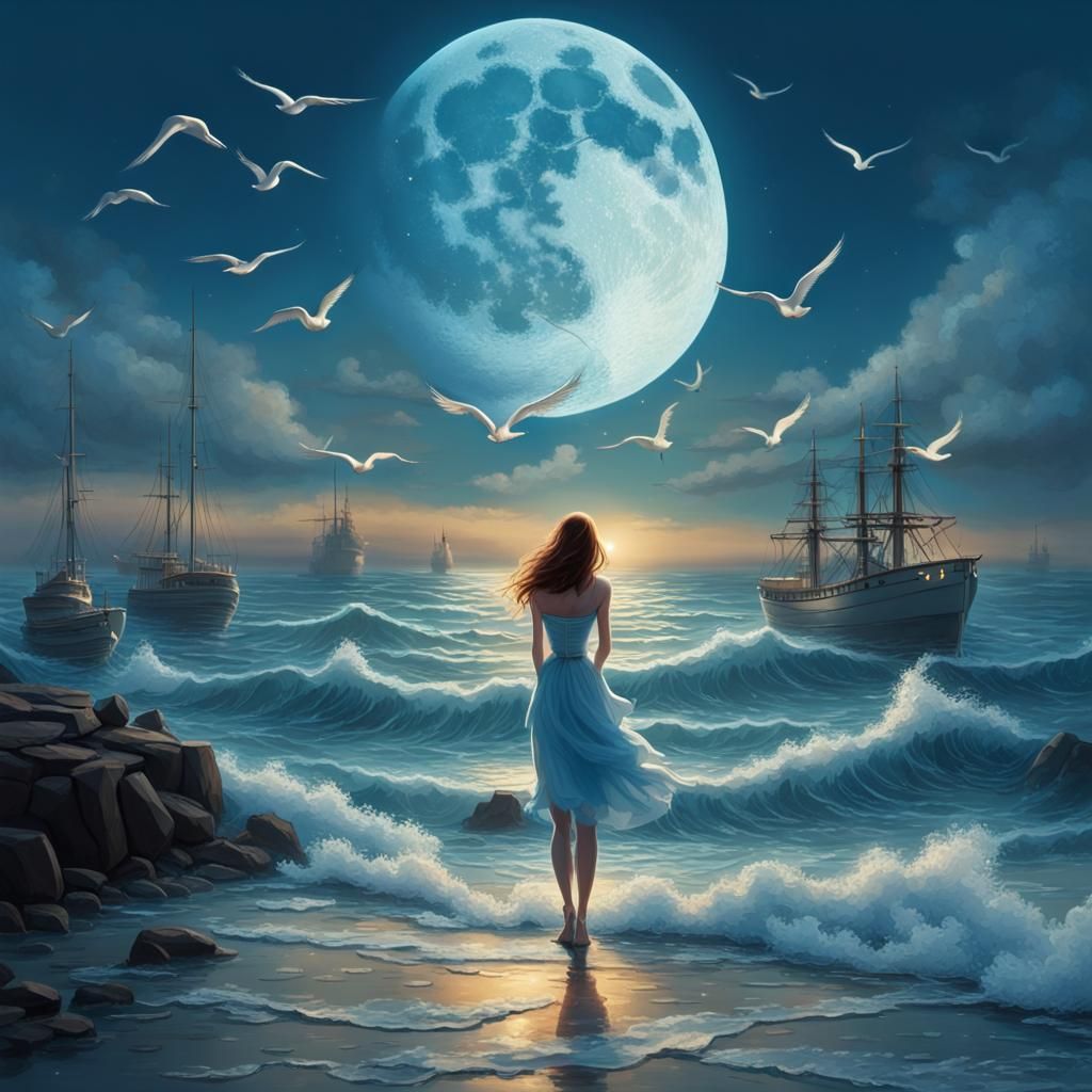 Fantastic Harbor Illusion with Moonlit Waves