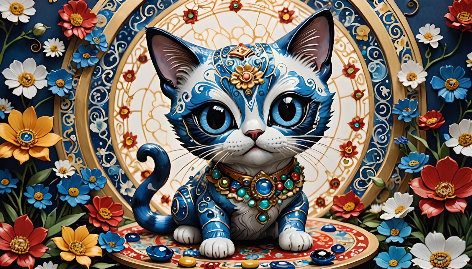 Porcelain Siamese Cat Doll in Louis Wain Style