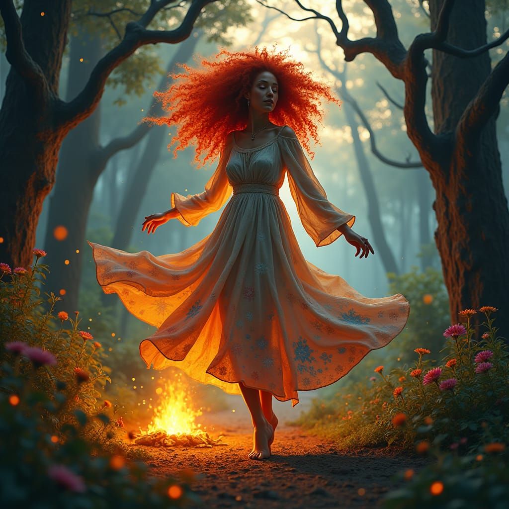 Woman Dancing in Mystical Forest, Matte Painting Style