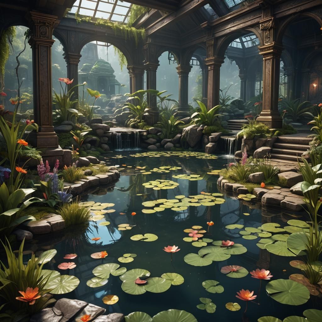 Fantastical Indoor Pond in Detailed Matte Painting
