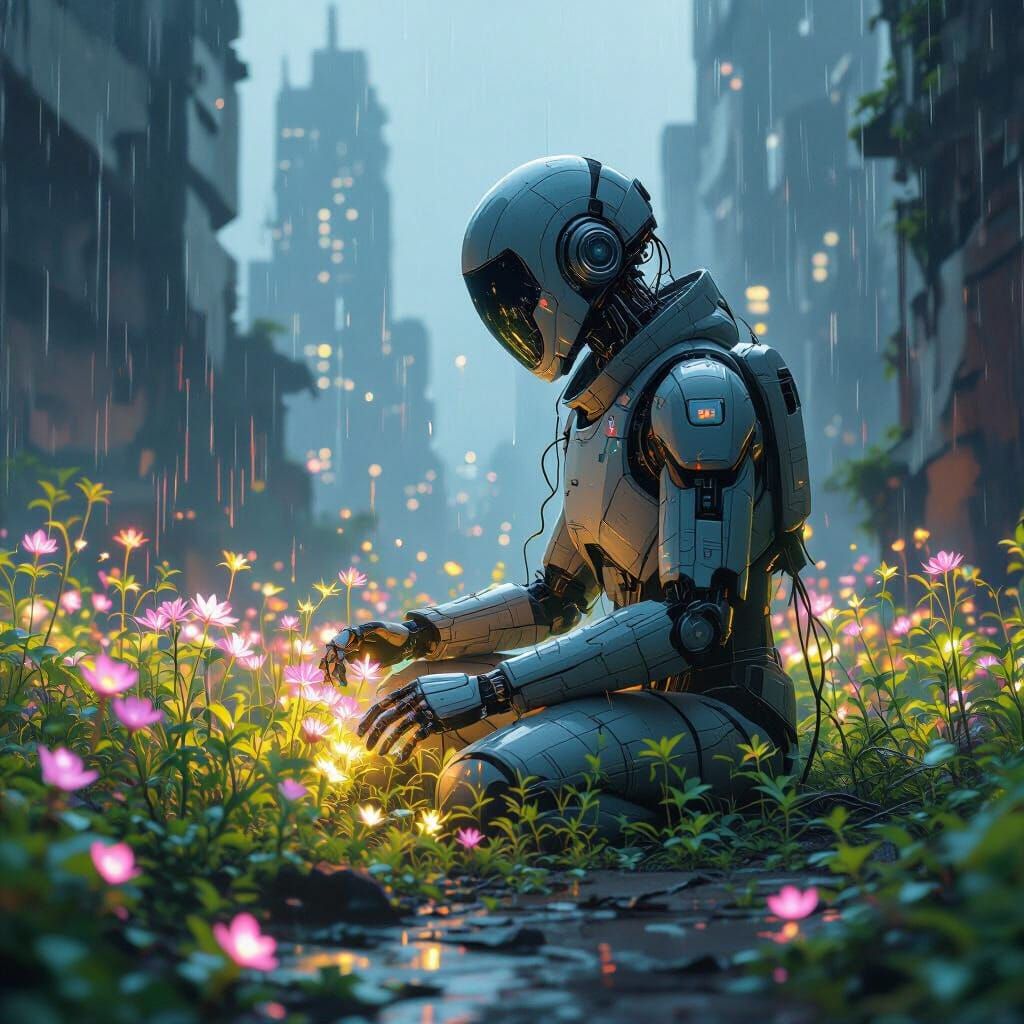 Android Gardener in Bioluminescent Ruined City