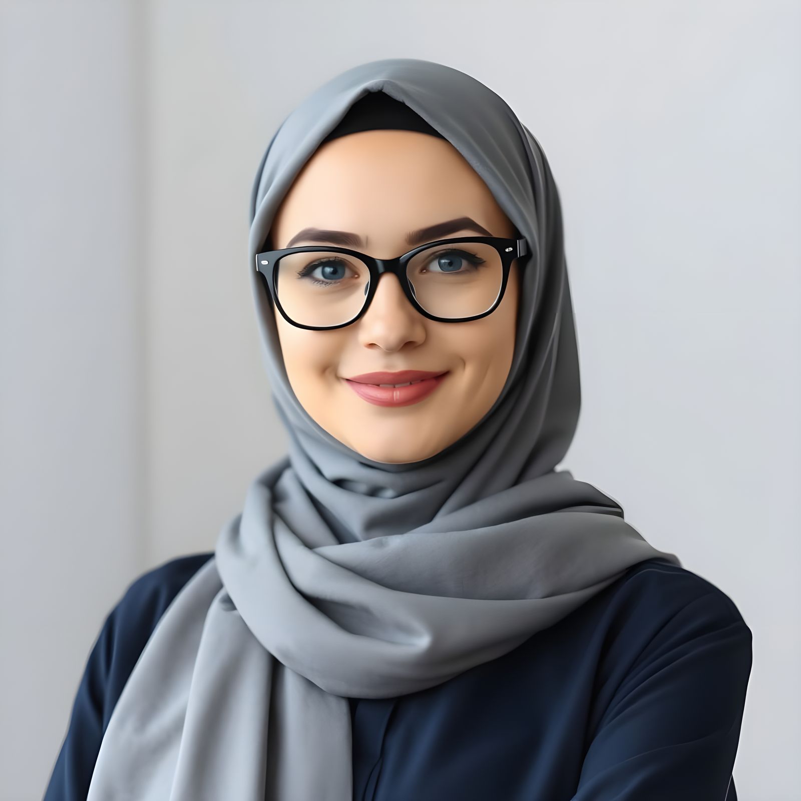 Confident Woman Wearing Grey Hijab and Navy Blouse