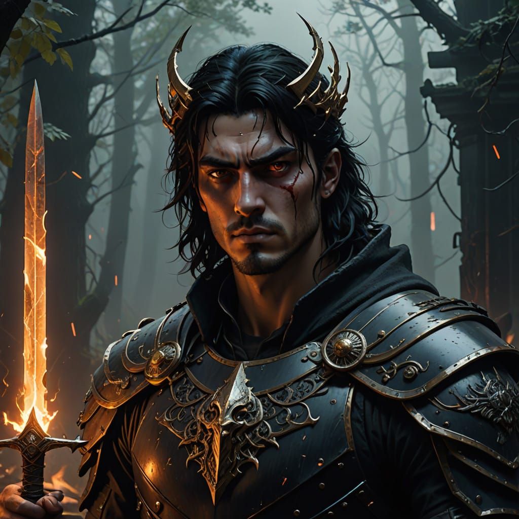 Dark Fantasy Warrior King Sits Regally in Throne of Vanquish...