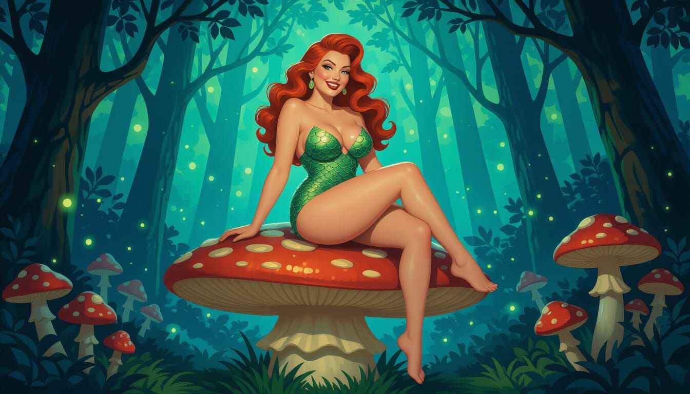 Pin-Up Woman on Giant Toadstool in Bioluminescent Forest