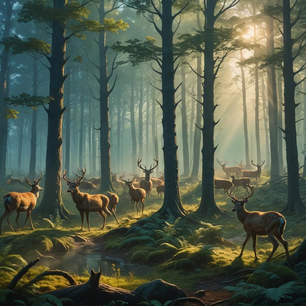 Deer Herd in Misty Forest, Digital Matte Painting