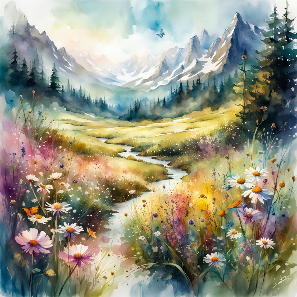 Flower Meadow Fantasy Landscape in Watercolor Style
