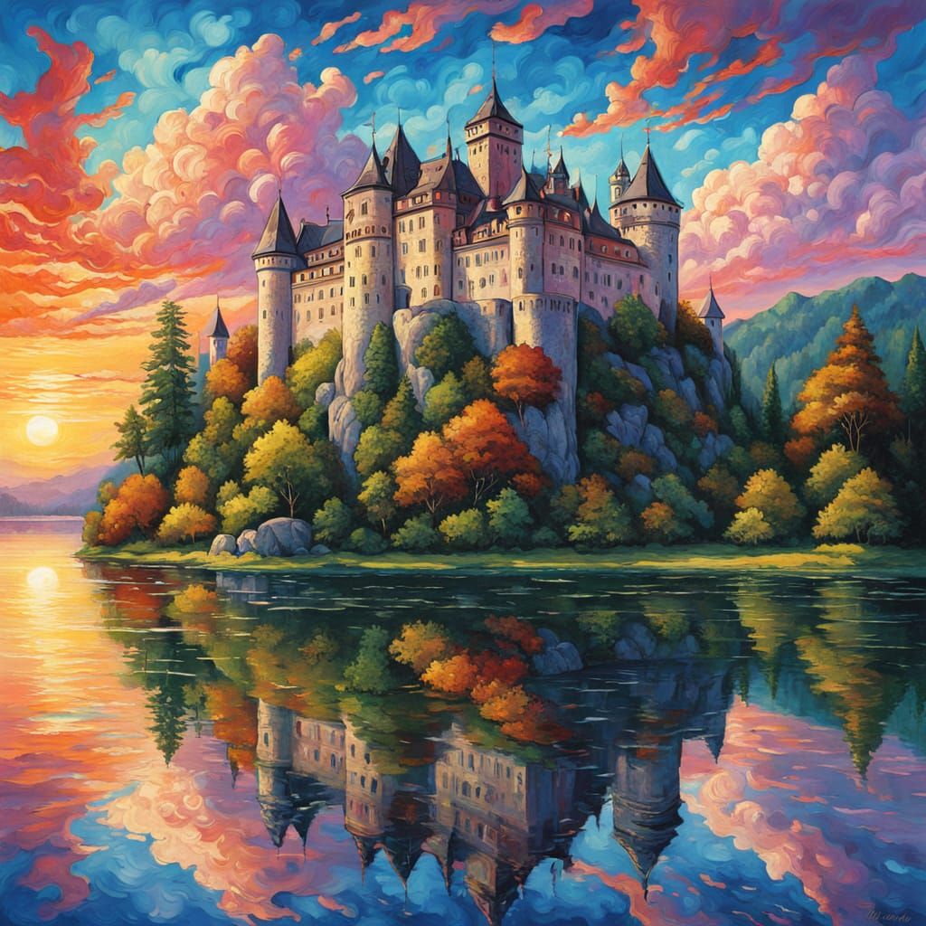 Medieval Castle Reflected in Serene Lake, Gouache Impression...