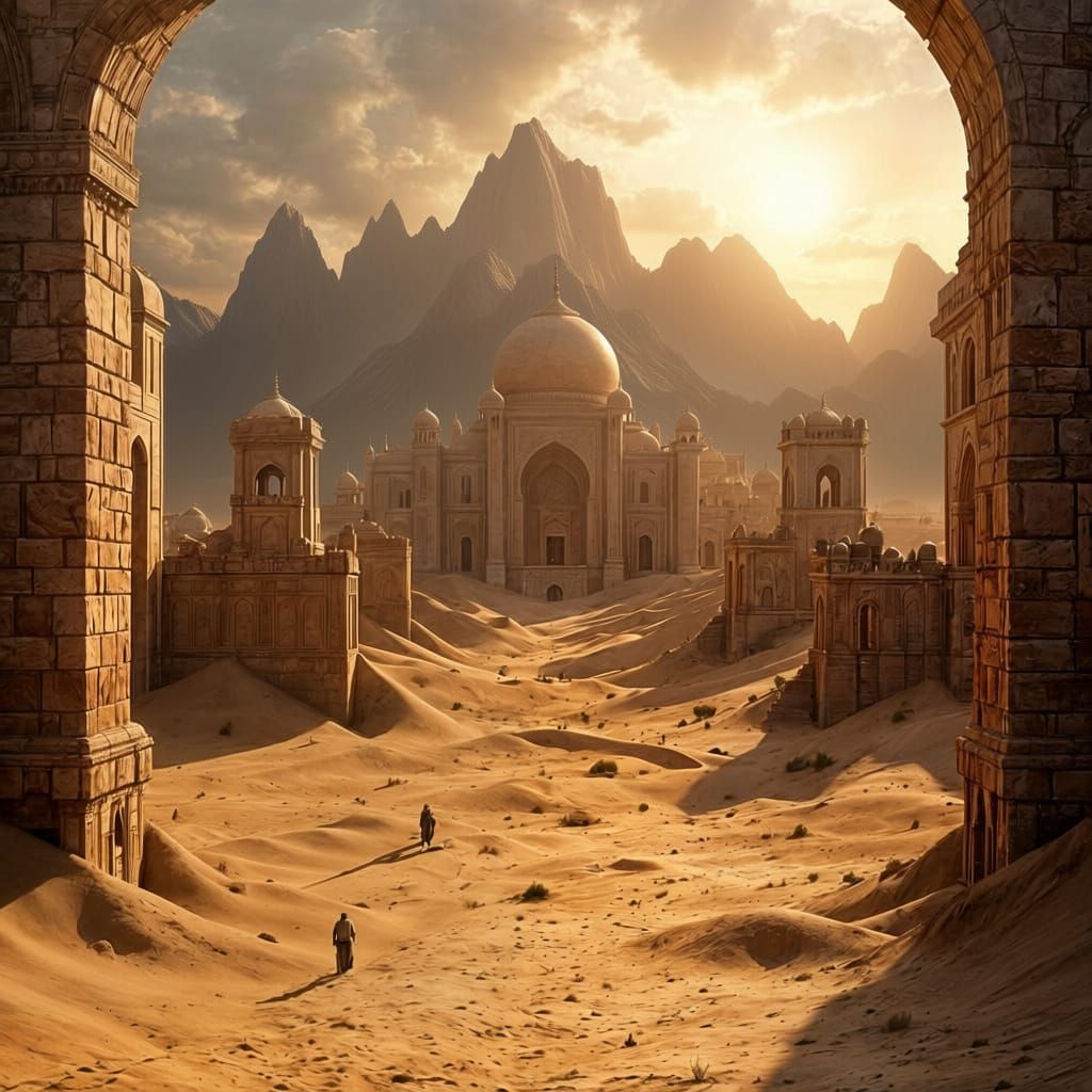 Opulent Desert City Ruins Under Sand Dunes