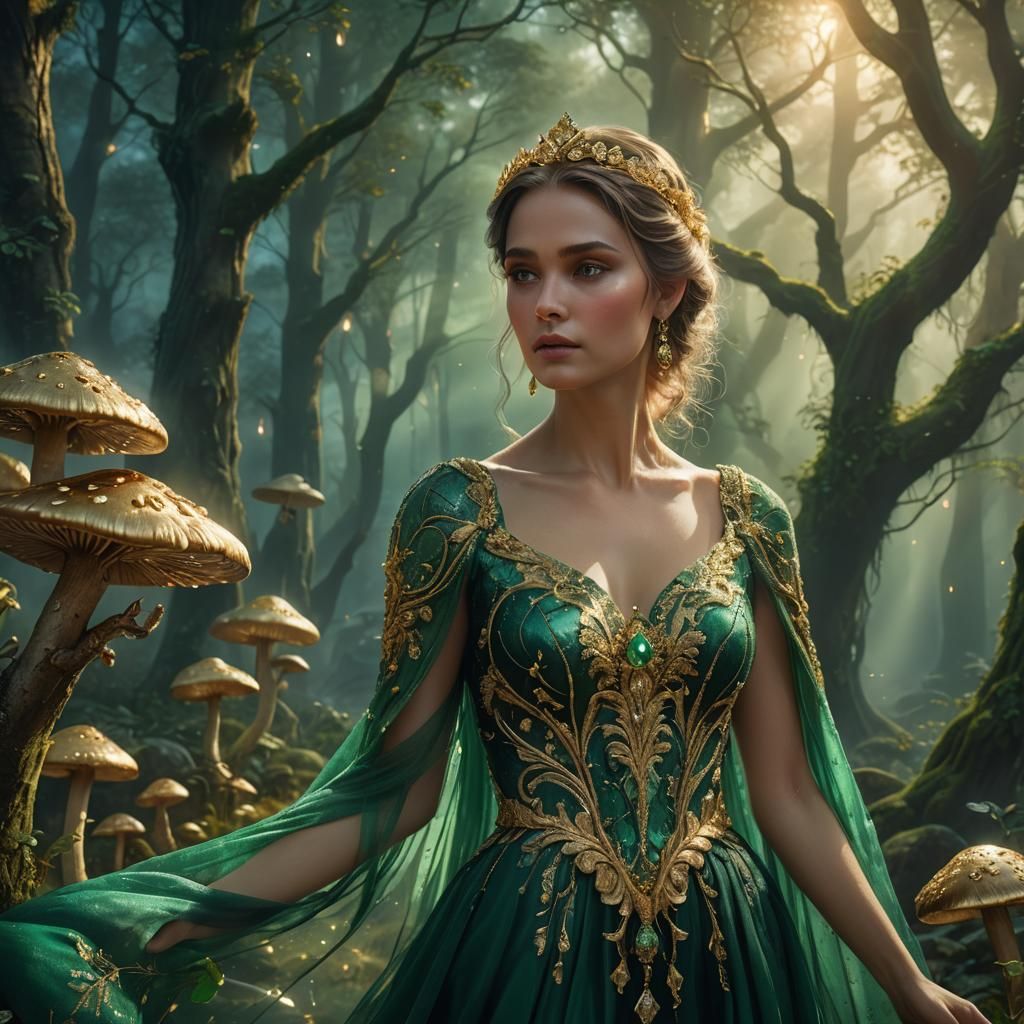 Mystical Forest Portrait of Woman in Emerald Gown