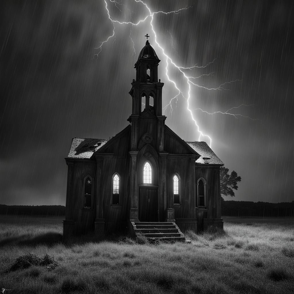 Sinister Abandoned Chapel in Storm, Black and White