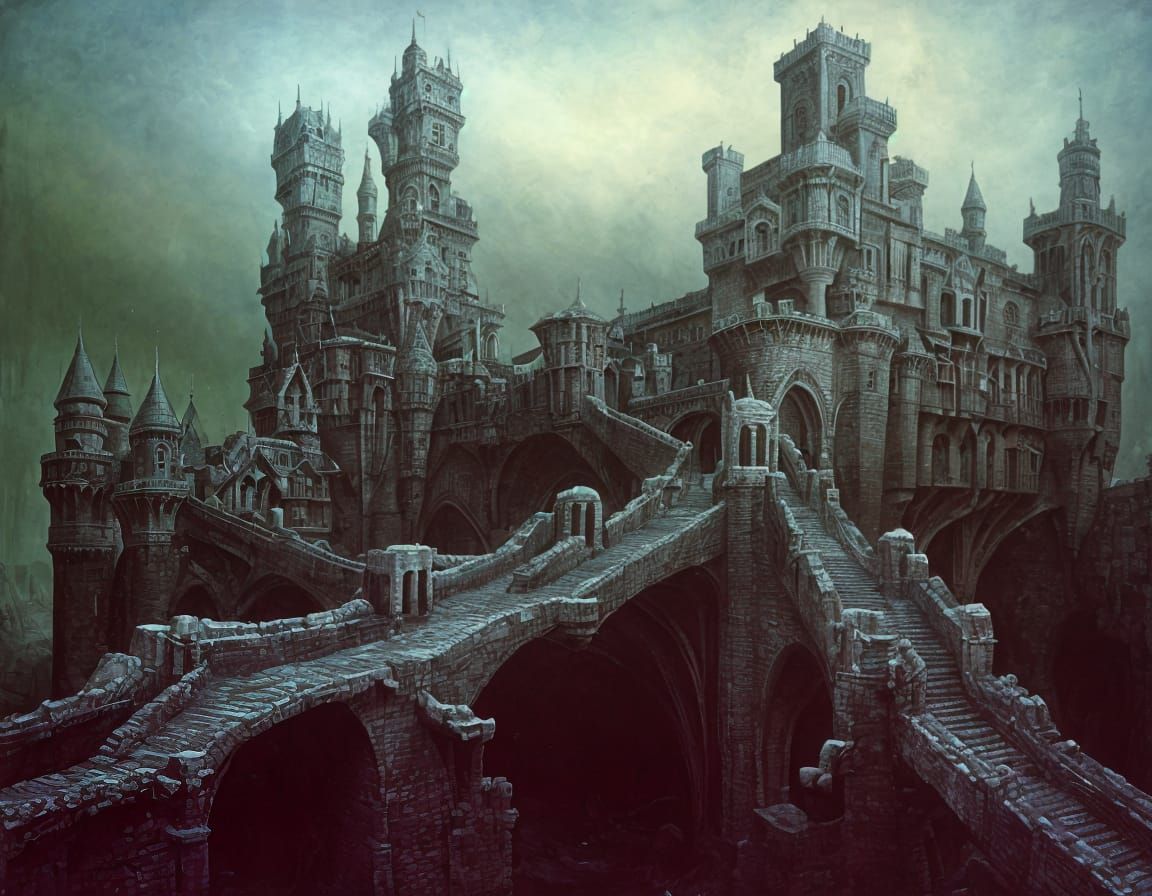 Surreal Castle with Drawbridges: Digital Art