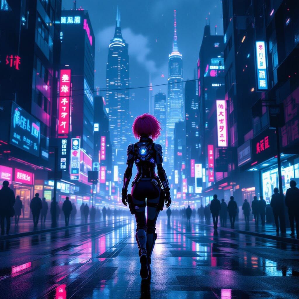 Cyberpunk Cityscape with Anime Woman in Neon Style