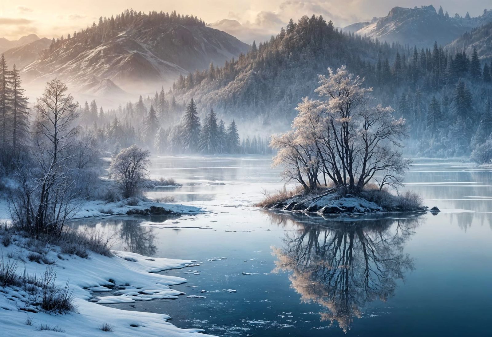 Winter Dawn Over Frozen Lake in Ethereal Watercolor Style