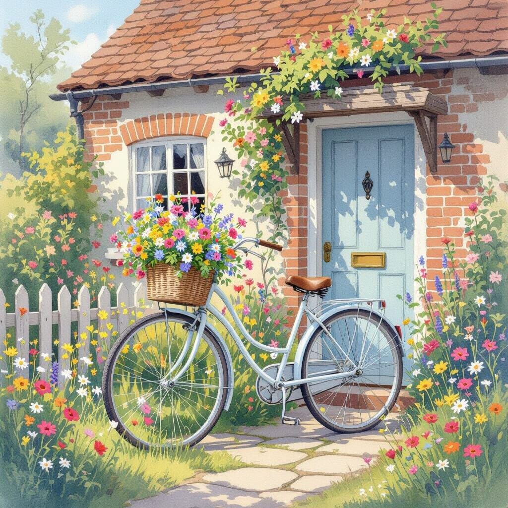 Enchanting Watercolor Cottage with Wildflower Bicycle