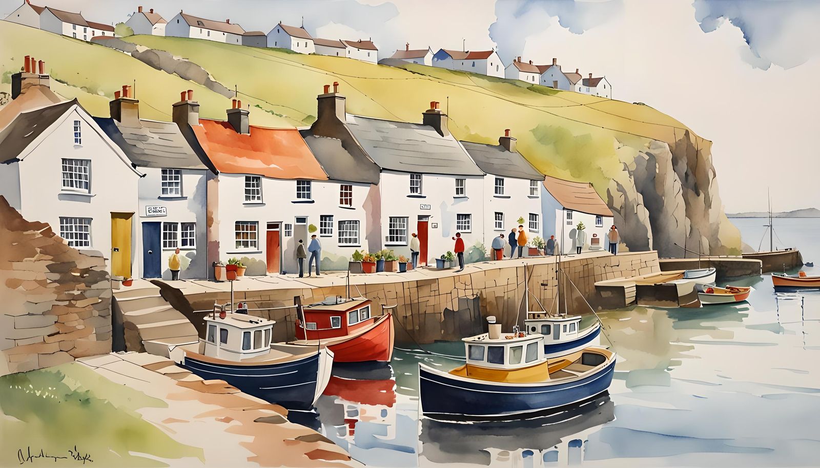 Vintage Yorkshire Fishing Village Watercolor Painting
