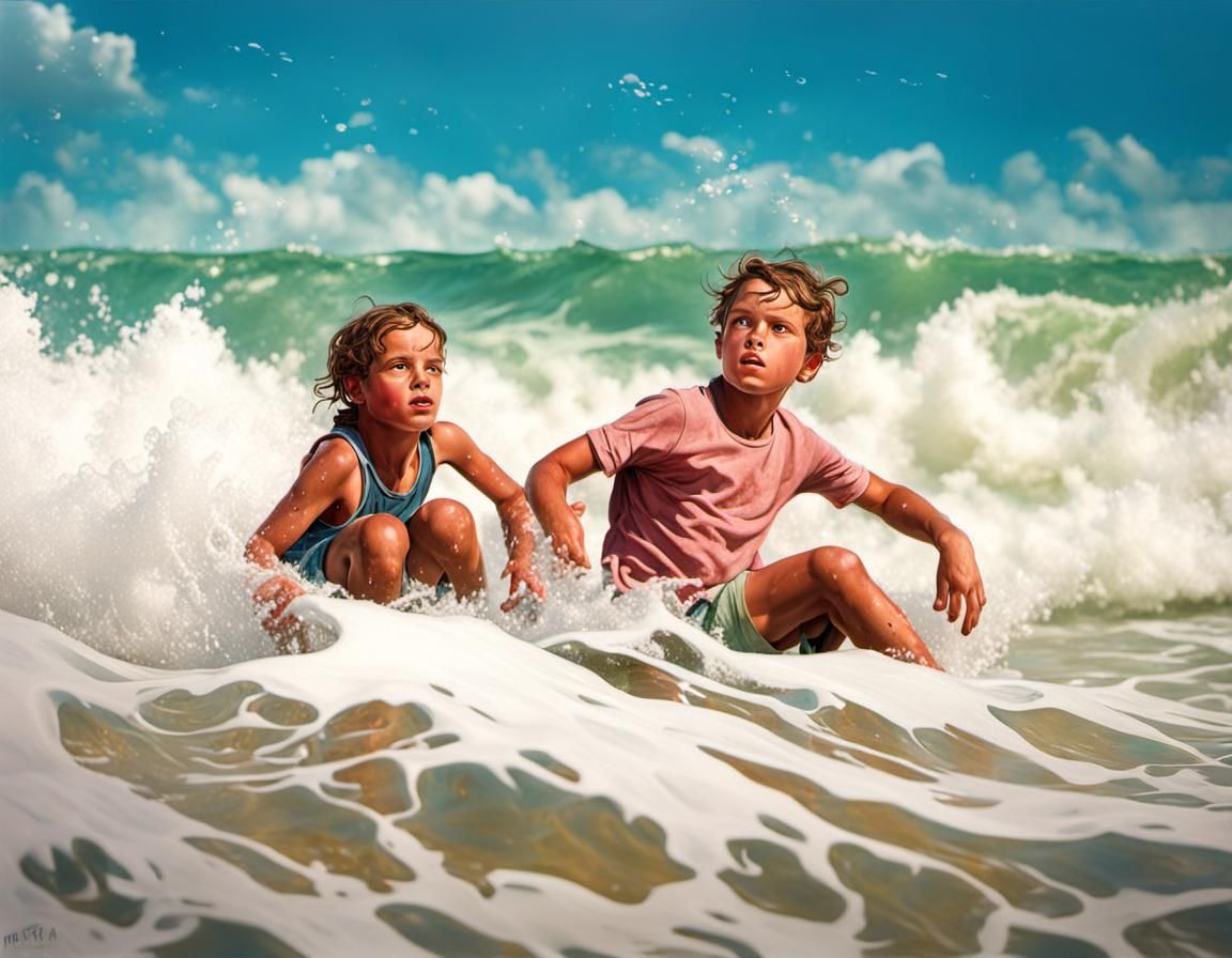 Photorealistic Children Play in Dystopian Italian Sea