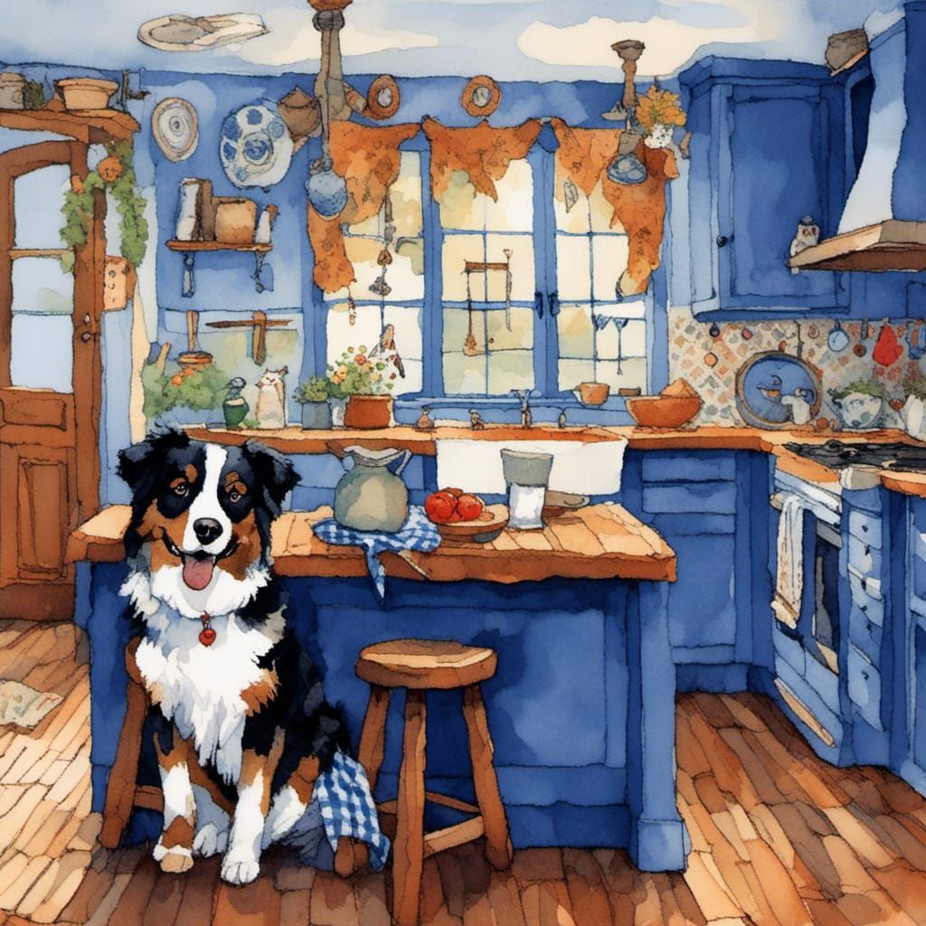 Australian Shepherd in a Whimsical Lowbrow Kitchen