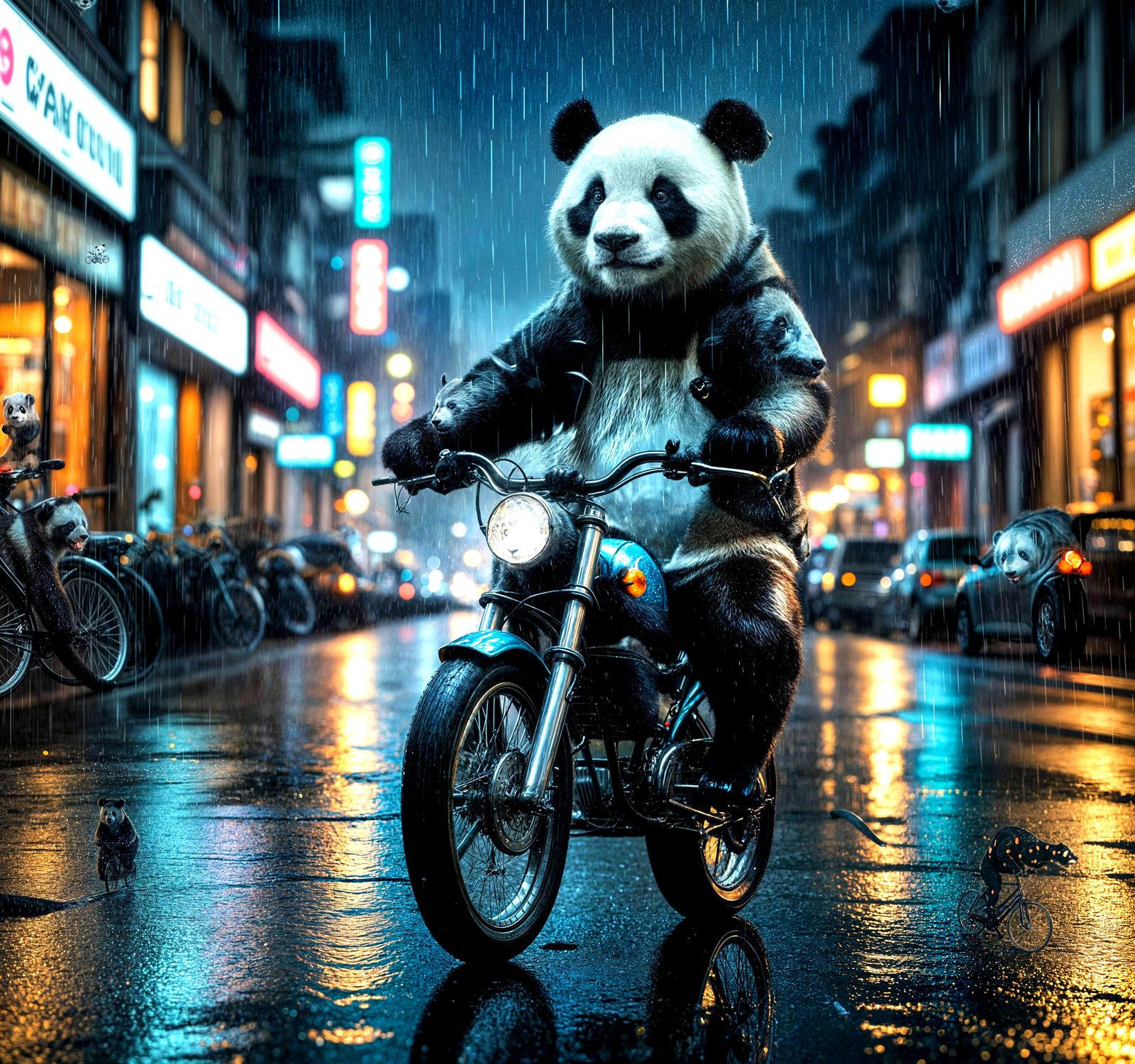 Panda Cycling Through a Fantastical Rainy Cityscape