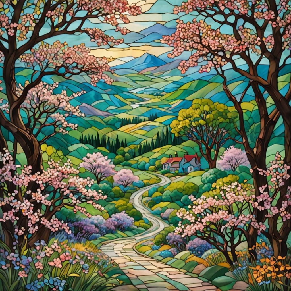 Stained glass mosaic: of a Country Road lined with cherry tr...