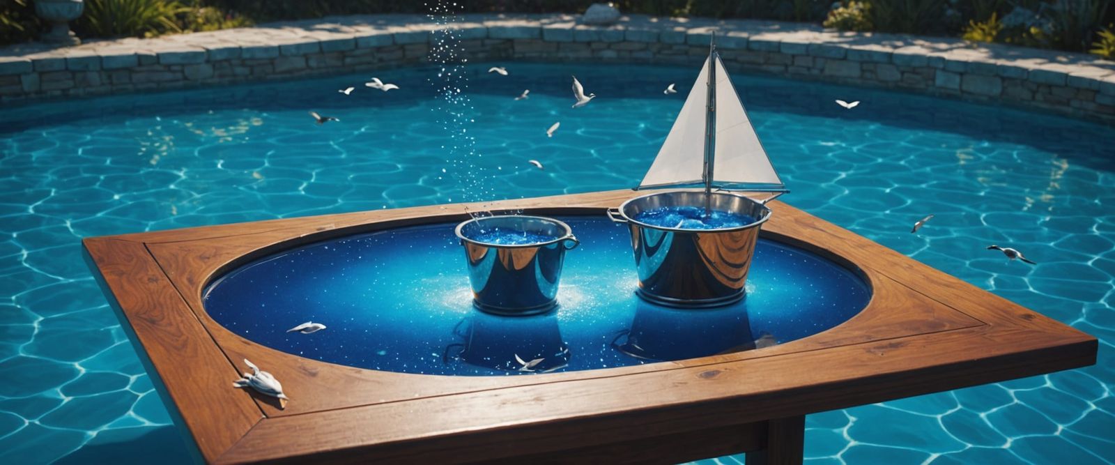 Surreal Scene: Blue Liquid Spills From Bucket Onto Table