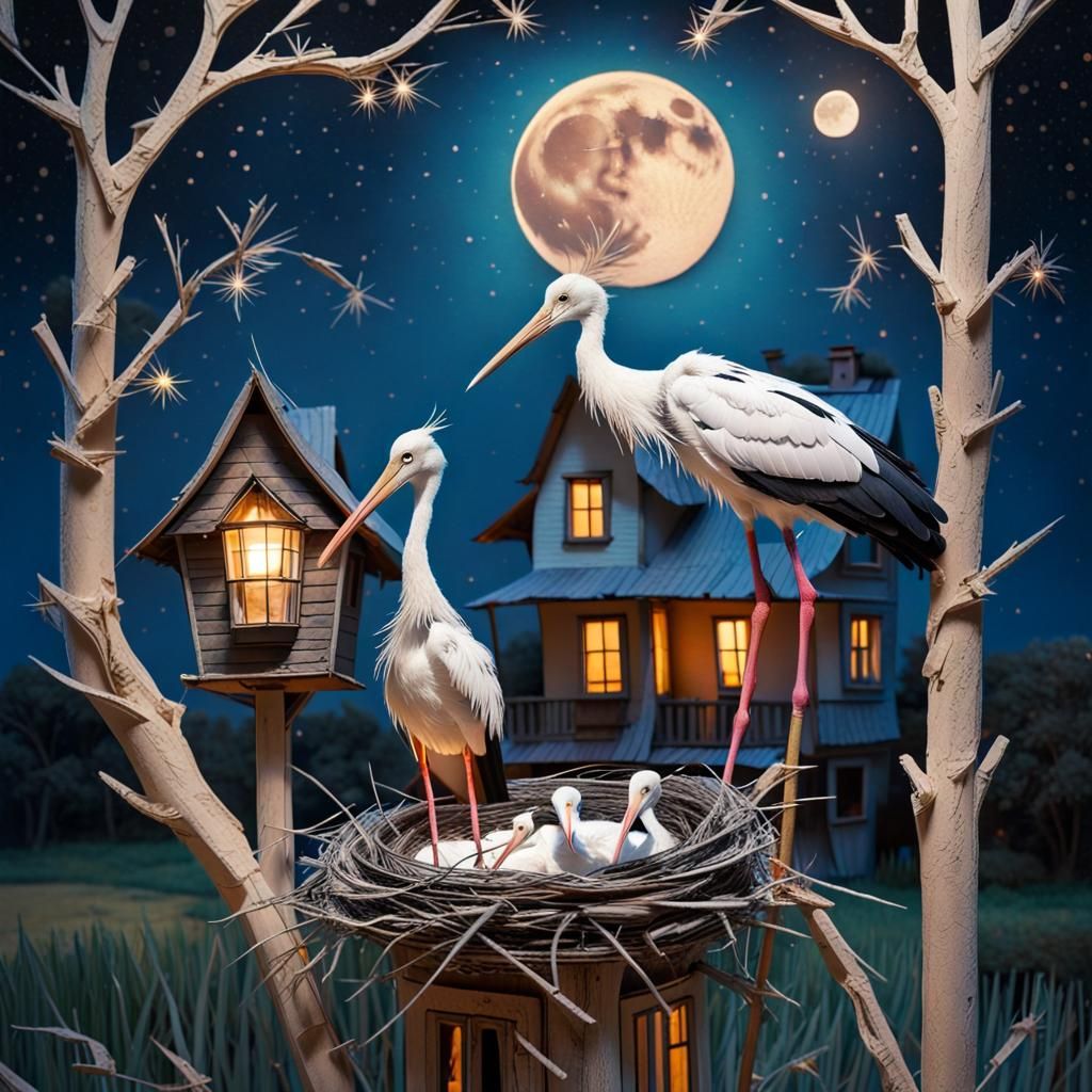 Surreal Stork Dreamscape in Paper Diorama Collage