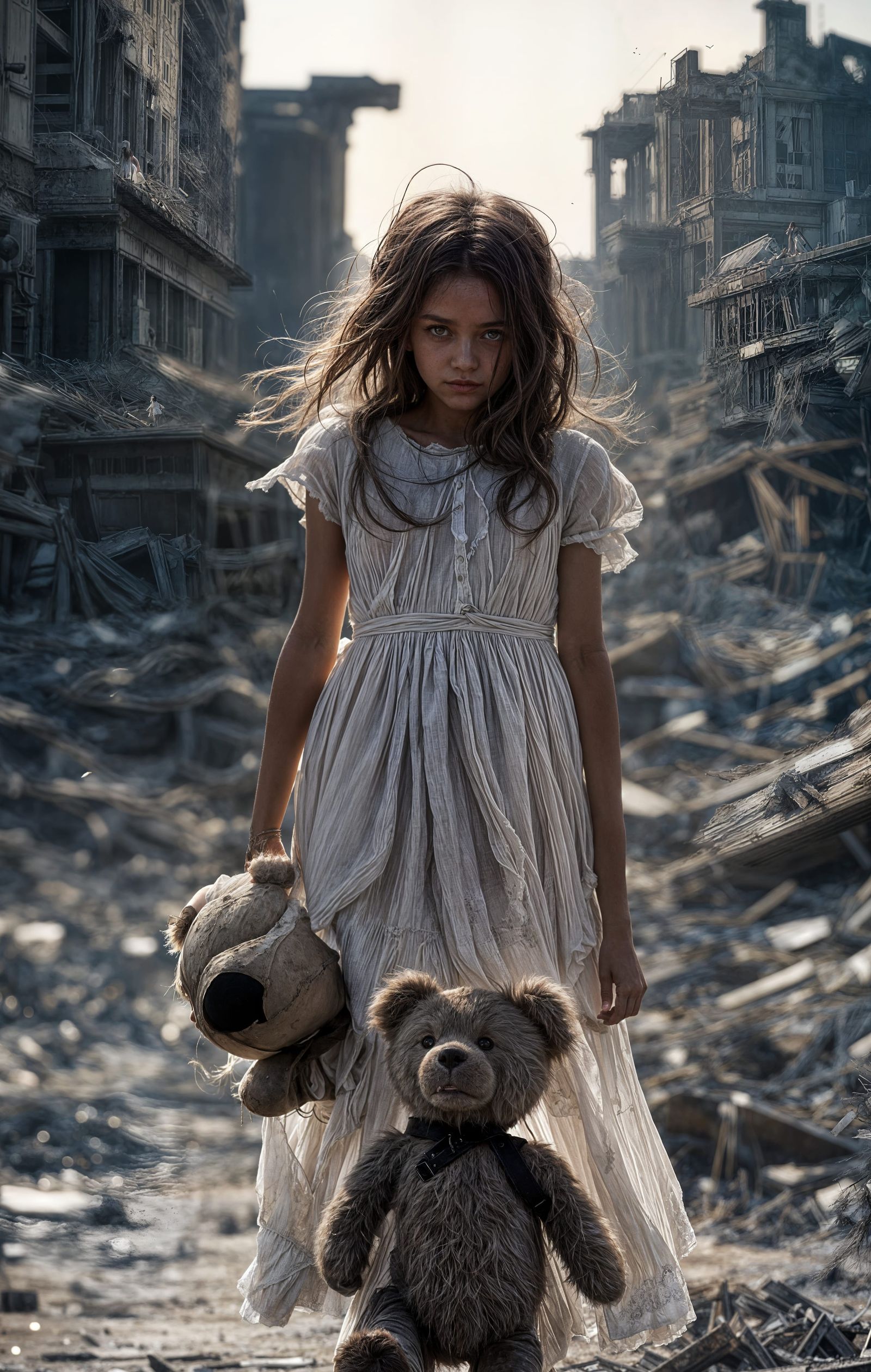 Post-Apocalyptic Girl with Teddy Bear: Cinematic Film Still