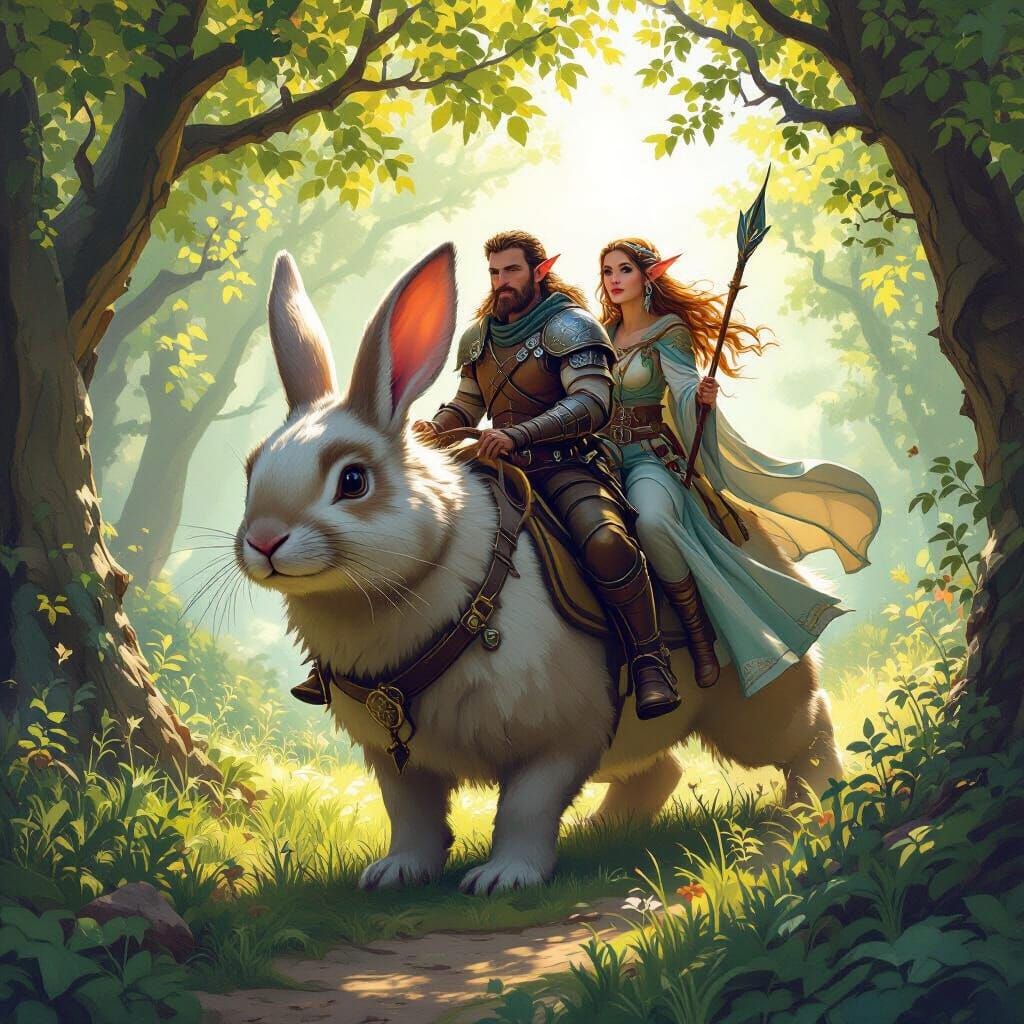 Hobbit Warrior and Elf Ride Giant Rabbit in Forest