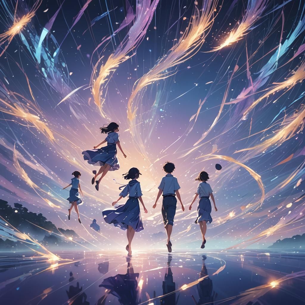 Ethereal Figures Float in Shimmering Anime Dreamscape