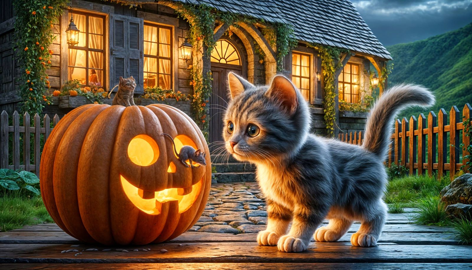 Kitten and Pumpkin: 3D Rendering of Autumn Scene