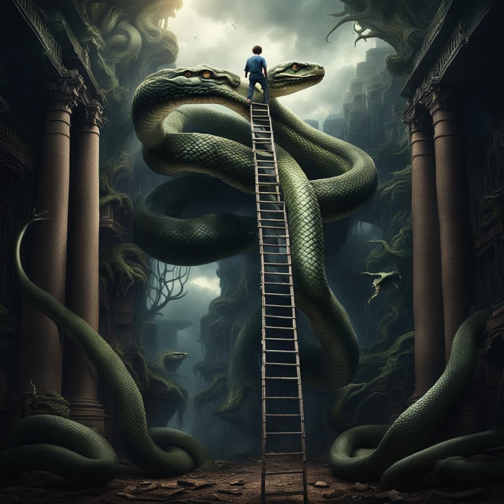 Boy Escapes Giant Snake: Dramatic Digital Painting