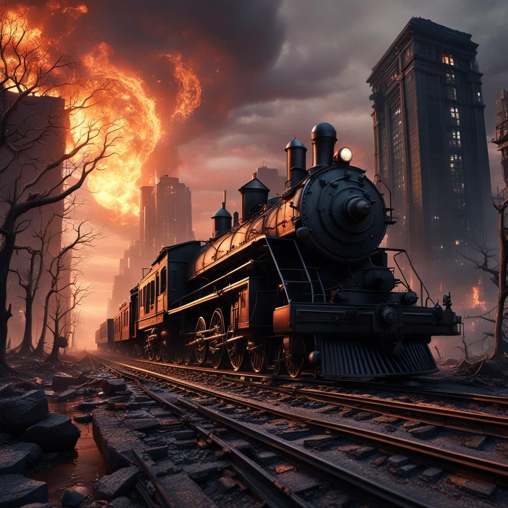Apocalyptic Train Journey Through Burning City Ruins
